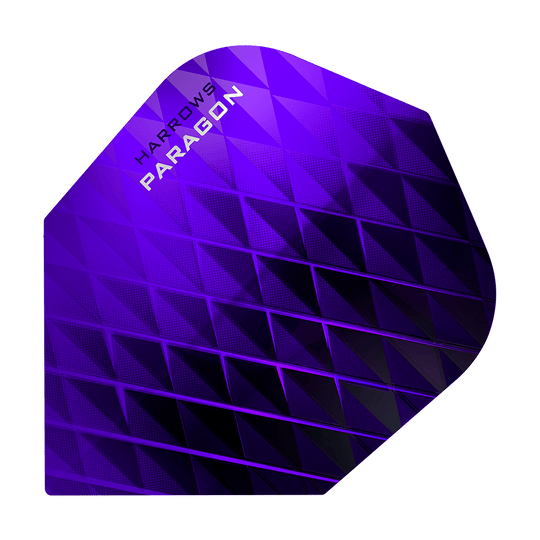 Das Bild zeigt ein Harrows Paragon Purple No2 Standard Flight für Dartpfeile. Das Flight ist in einem auffälligen lila Farbton mit geometrischem Muster gestaltet.