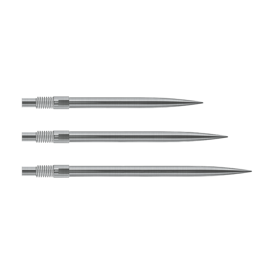 Das Bild zeigt silberne Harrows Quick Point Dartspitzen. Sie sind für Dartspieler zum einfachen Wechsel der Spitzen gedacht.