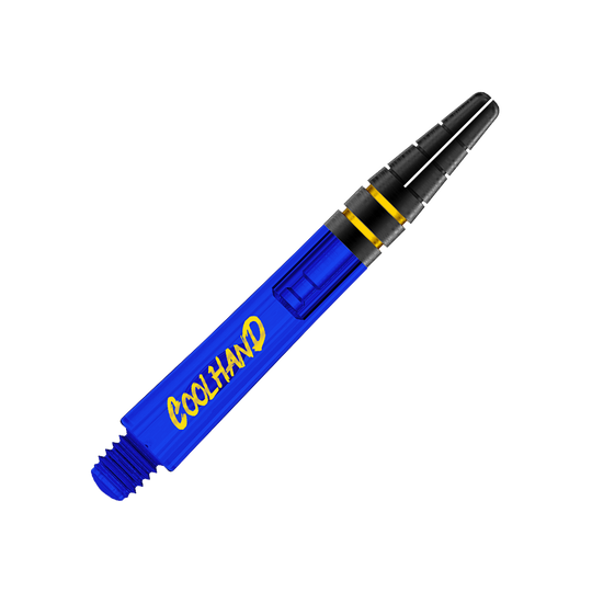 Red Dragon Nitrotech Luke Humphries Coolhand Shafts - Blue Das Bild zeigt einen blauen Dart-Schaft mit der Aufschrift "COOLHAND" in gelber Schrift. Der Schaft hat am oberen Ende schwarze und gelbe Akzente.