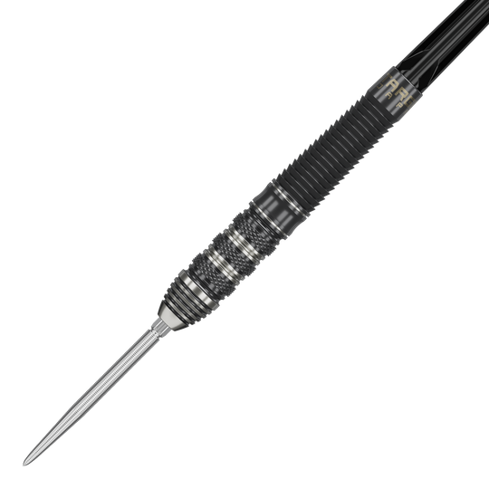 Target Japan Black Marque Armageddon GEN2 Swiss Point Steeldarts Das Bild zeigt einen Target Japan Black Marque Armageddon GEN2 Swiss Point Steeldart. Der Dartpfeil hat ein schwarzes, geriffeltes Griffstück und eine silberne Spitze.