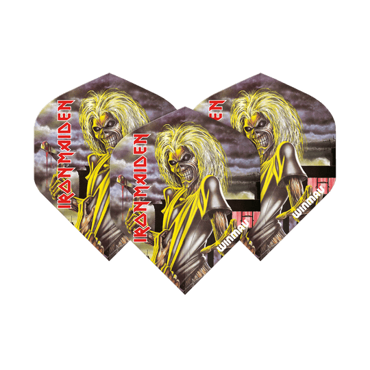 6905-223_Winmau_Rockstar_Legends_Iron_Maiden_Killers_Standard_Flights_17Ccn0TkoOWELn Das Bild zeigt drei Dartflights mit dem Iron Maiden "Killers" Albumcover und dem Text "IRON MAIDEN" in roter Schrift. Die Flights sind von der Marke Winmau und tragen den Namen "Rockstar Legends Iron Maiden Killers Standard Flights".