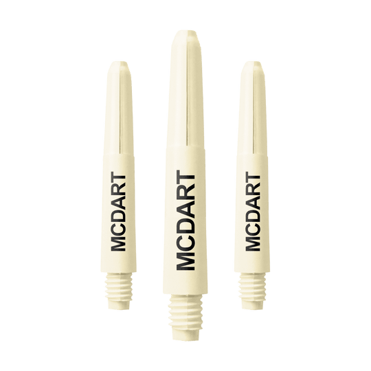 Das Bild zeigt drei naturweiße Nylon-Schäfte für Darts. Auf jedem Schaft steht der Schriftzug "MCDART" in schwarzer Schrift.