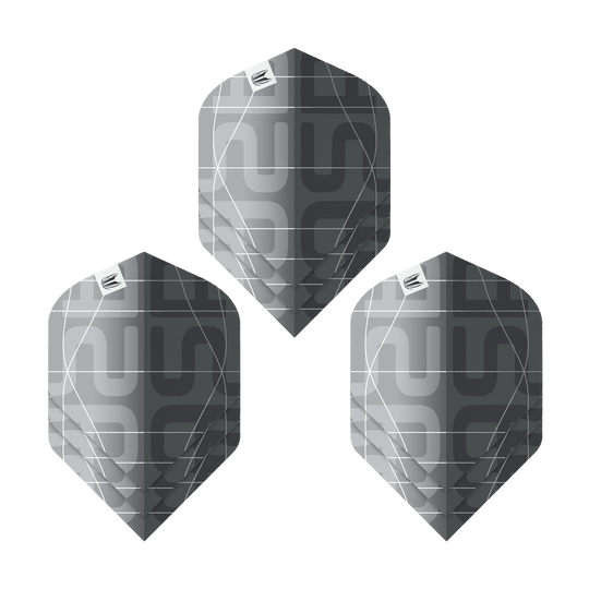 Das Bild zeigt drei schwarze und graue Dartflights mit modernem Muster. Es handelt sich um das Produkt "Target Pro Ultra Aspinall X Echo No2 Standard Flights - 3 Sets".