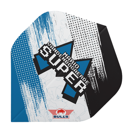 Das Bild zeigt ein Dartflight mit einem modernen, grafischen Design in Blau, Schwarz und Weiß. Auf dem Flight steht "Mario Vandenbogaerde SUPER" und unten ist das Bulls-Logo abgebildet.