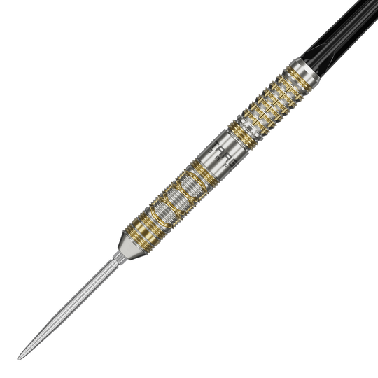 Target Japan Black Marque Reyn GEN2 steel darts Das Bild zeigt einen eleganten Steeldart mit silbernen und goldenen Akzenten. Es handelt sich um das Produkt "Target Japan Black Marque Reyn GEN2 Steeldarts".
