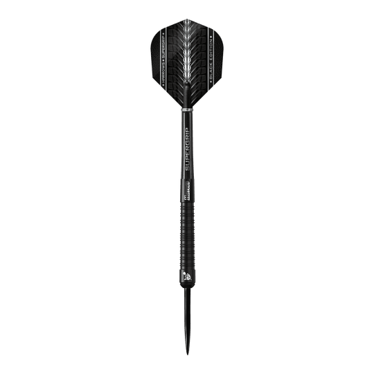 Harrows Supergrip Black Edition steel darts Das Bild zeigt einen schwarzen Steeldart der Marke Harrows Supergrip Black-Edition. Der Dart hat ein elegantes, komplett schwarzes Design mit feinen silbernen Akzenten.