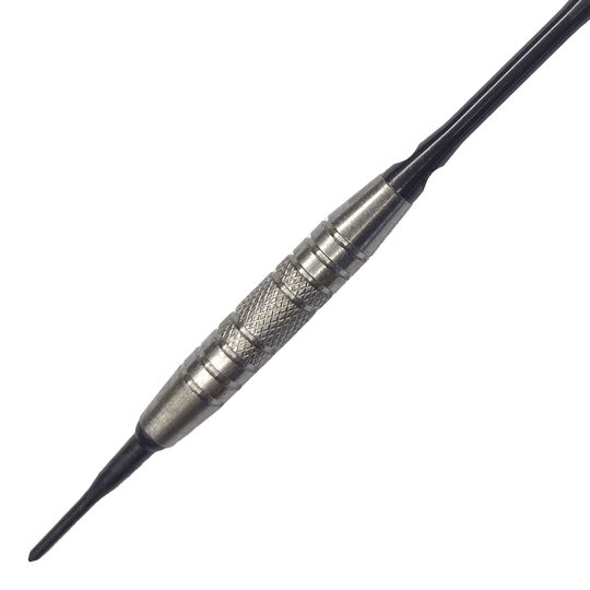 McDart 85 Tungsten V6 Soft Darts - 16g Das Bild zeigt einen Softdart namens "McDart 85er Tungsten V6" mit einem Gewicht von 16 Gramm. Der Dart hat einen silbernen, strukturierten Griffbereich für besseren Halt.