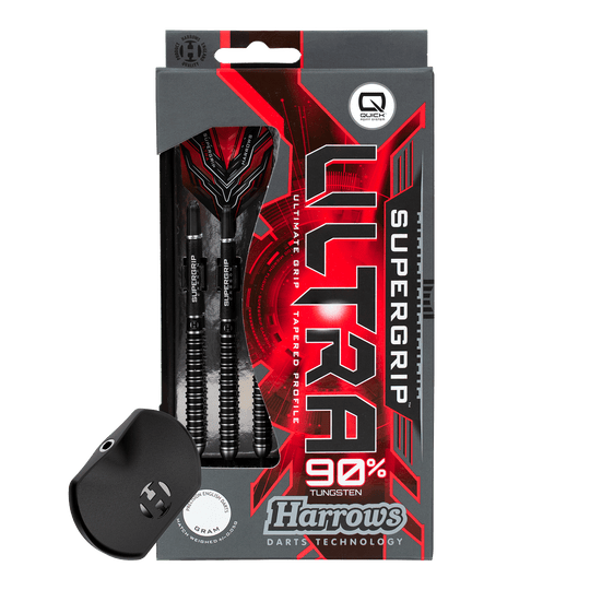 Harrows Supergrip Ultra Quick Point Steel Darts Hier wird das Harrows Supergrip Ultra Quick Point Steeldarts Set gezeigt. Die Features sind im Detail sichtbar.