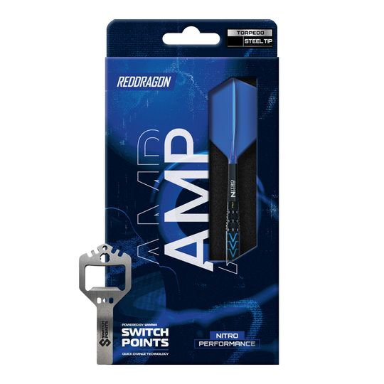 Das Bild zeigt die Red Dragon AMP Torpedo Switch Point Steeldarts. Die Darts haben ein modernes Design und sind für Präzisionswürfe geeignet.
