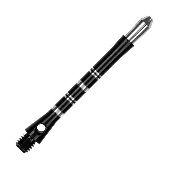 Das Bild zeigt einen schwarzen Harrows Colette Shaft für Darts. Der Shaft hat silberne Ringe als Akzente und ein glänzendes, elegantes Design.