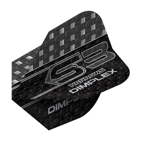 Harrows Dimplex S3 Flights - Smokey Das Bild zeigt ein Dart-Flügel mit dem Namen "Harrows Dimplex S3 Flights - Smokey". Das Design ist überwiegend schwarz mit silbernen Mustern und Schriftzügen.