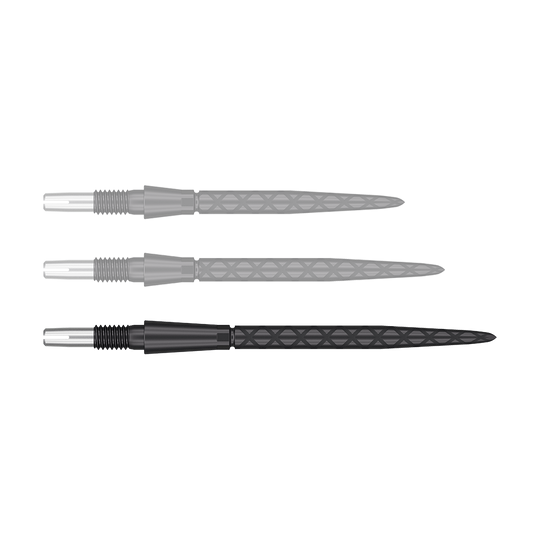 Target Swiss Storm Diamond Point Dart Tips - Black Auf dem Bild sind drei schwarze Dartspitzen mit diamantförmigem Muster zu sehen. Sie liegen parallel nebeneinander auf weißem Hintergrund.