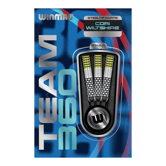 Winmau Team 360 Cori Wiltshire Steel Darts - 24g Gezeigt werden die Winmau Team 360 Cori Wiltshire Steeldarts, 24g schwer. Die Darts bieten hervorragende Kontrolle und Präzision beim Spielen.