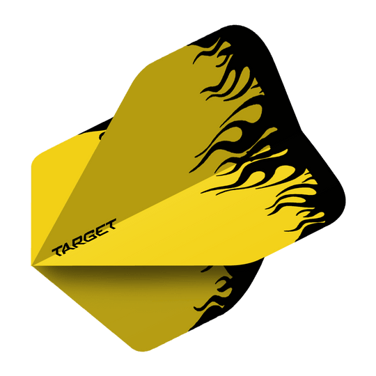 Das Bild zeigt das Produkt „Target Yellow Flame No2 Standard Flights“. Die Dart-Flights sind gelb mit schwarzen Flammen und dem Schriftzug "Target".