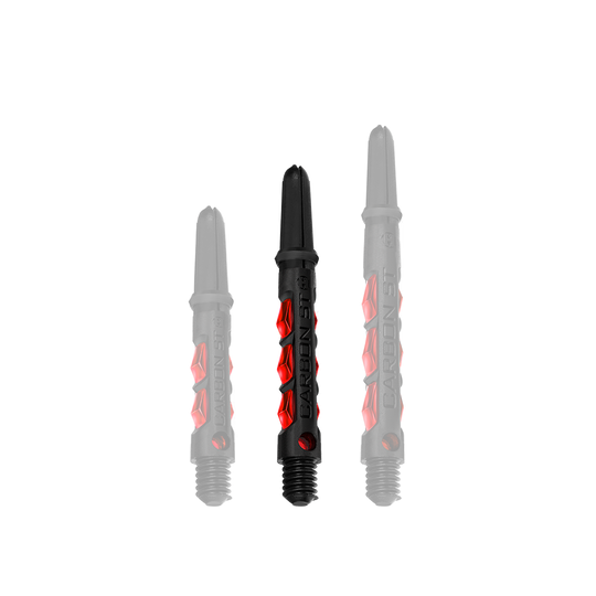 HR432_Harrows_Carbon_ST_Shafts_Rot_40mm_1ZiisrhfNIARLO Das Bild zeigt drei schwarze Harrows Carbon ST Shafts mit roten Akzenten in verschiedenen Längen. Die Schrift "CARBON ST" ist auf den Schäften zu sehen.