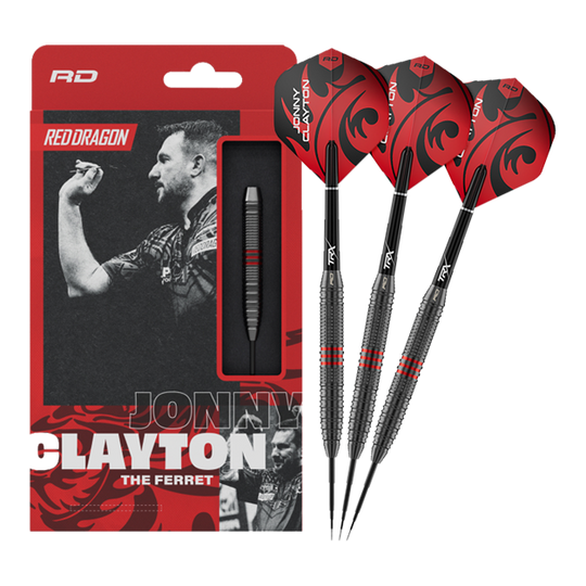 Dieses Bild zeigt die Red Dragon Jonny Clayton Core Brass Steeldarts - 21g in voller Länge. Die Darts haben goldene Rillen und rote sowie schwarze Details am Flight.