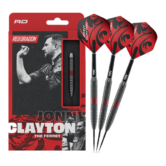 Red Dragon Jonny Clayton Core Brass Steeldarts - 21g Dieses Bild zeigt die Red Dragon Jonny Clayton Core Brass Steeldarts - 21g in voller Länge. Die Darts haben goldene Rillen und rote sowie schwarze Details am Flight.