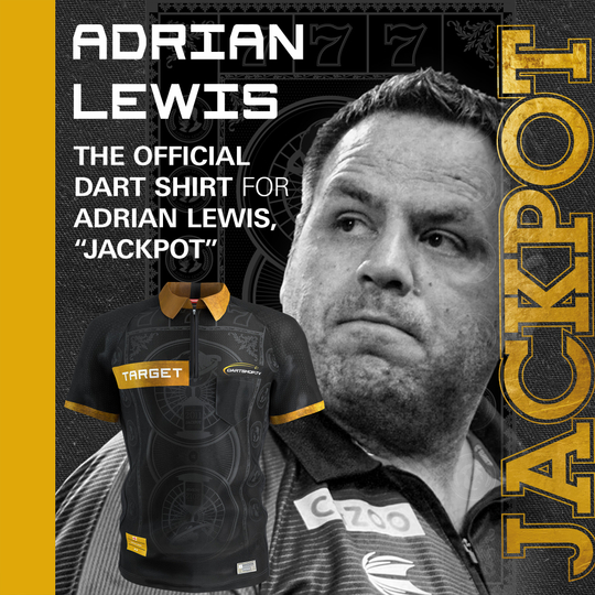 Target Adrian Lewis dart shirt 2026 Das Bild zeigt das Target Adrian Lewis Dartshirt 2026. Dieses Shirt ist für Darts-Fans und Sammler konzipiert.