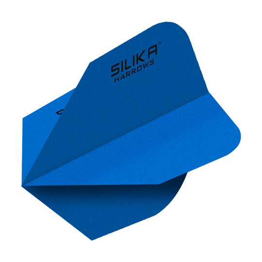 Das Bild zeigt blaue Dartflights mit der Aufschrift "Silika Harrows". Die Flights haben eine feste, kristalline Beschichtung und sind in der Form No6 gestaltet.