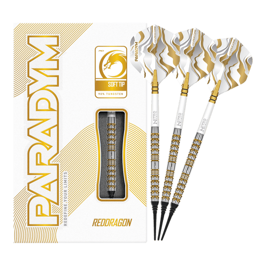 Das Bild zeigt die Red Dragon Paradym Gold Parallel Softdarts - 20g in voller Länge. Die goldfarbenen Darts wirken hochwertig und professionell.