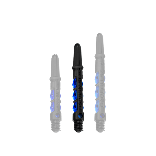 HR414_Harrows_Carbon_ST_Shafts_Blau_40mm_1ABUnMsKNMivIX Das Bild zeigt drei blaue Harrows Carbon ST Shafts in unterschiedlicher Länge. Sie sind schwarz mit blauen Akzenten und haben eine robuste, moderne Optik.