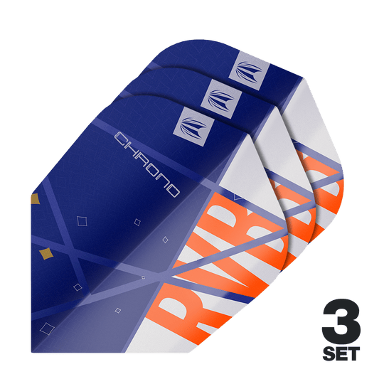 Das Bild zeigt drei Sets der Target Pro Ultra Raymond Van Barneveld Chrono No6 Flights. Die Flights sind hauptsächlich blau mit weißen und orangefarbenen Akzenten gestaltet.
