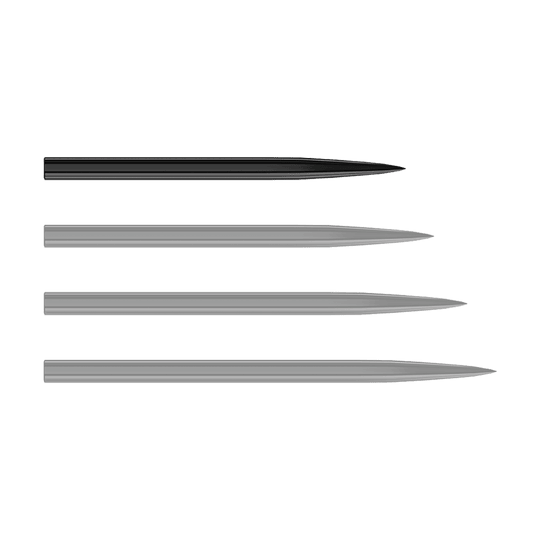Harrows steel dart tips - black Auf dem Bild sind vier schwarze Steeldartspitzen zu sehen, die nebeneinander liegen. Sie sind schlank und jeweils an einem Ende spitz zulaufend.