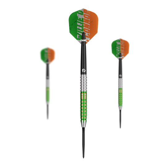 Shot Pro Series Willie O'Connor Turbo Point Steeldarts. Das Bild zeigt ein Set Steeldarts mit eingeprägtem Playernamen.