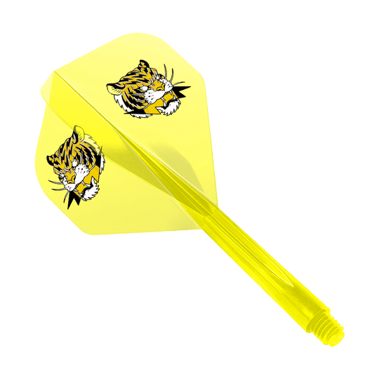 Das Bild zeigt einen gelben Dart-Flight mit zwei Tigerköpfen als Motiv. Das Produkt ist das "Condor AXE Inazuma Tiger Mix Flight-System Yellow Clear - Standard".