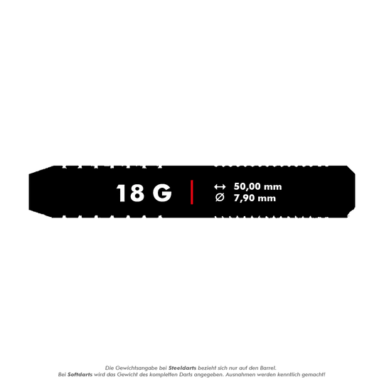Das Bild zeigt die Produktdetails der Bulls Krzysztof Ratajski Brass Silver Softdarts mit einem Gewicht von 18 Gramm. Die Darts haben eine Länge von 50,00 mm und einen Durchmesser von 7,90 mm.