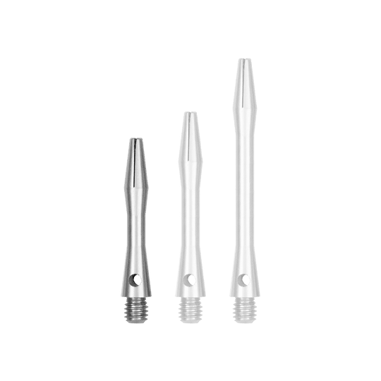 516_Aluminium_Shafts_Silber_30mm_1 Das Bild zeigt drei silberne Aluminiumschäfte in unterschiedlichen Längen. Sie sind glatt, haben ein Gewinde am unteren Ende und eine kleine Bohrung in der Mitte.