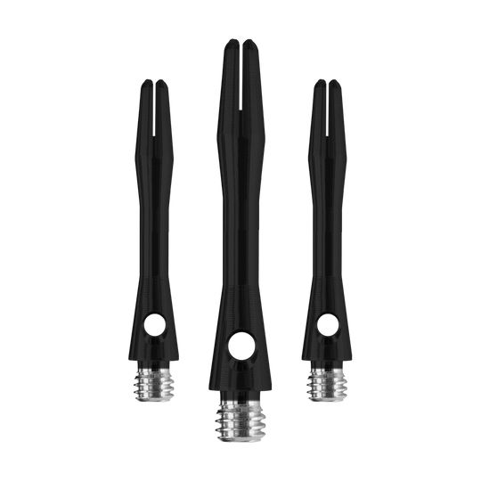 Das Bild zeigt drei Harrows Keramic Shafts in Matt Schwarz. Die Shafts haben eine glatte Oberfläche und ein silbernes Schraubgewinde.