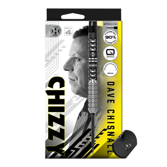 Das Bild stellt die Harrows Dave Chisnall Chizzy Series 4 Quick Point Steeldarts dar. Diese Steeldarts sind auf maximale Leistung und Genauigkeit ausgelegt.