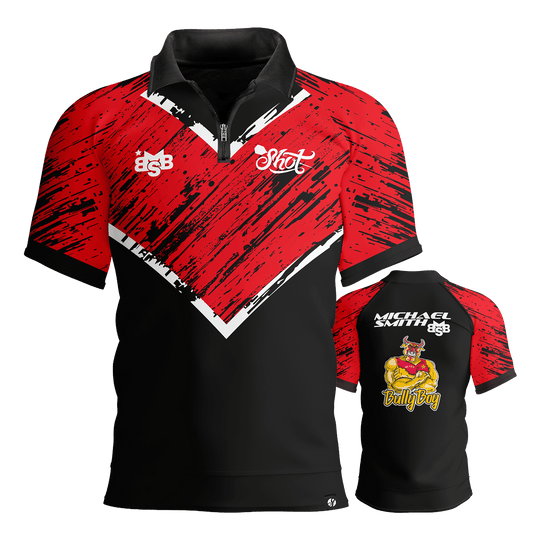 Shot Michael Smith Red Stripe Polo Dart Shirt Abgebildet wird das Shot Michael Smith Red Strip Polo Dartshirt. Dieses Polo ist ideal für Dartspieler und Fans.