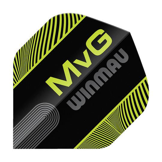 Zu sehen ist das Produkt Winmau Prism Delta MvG Black Green Text No2 Standard Flights. Die Flights sind für Darts, in den Farben Schwarz und Grün mit Text.