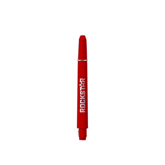 Das Bild zeigt einen roten Schaft mit der Aufschrift "ROCKSTAR". Es handelt sich um das Produkt "Rockstar Shafts - 49mm".