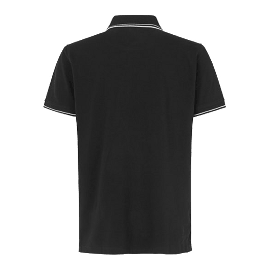 Barrels and Shafts Polo Shirt - Black Das Bild zeigt ein schwarzes Poloshirt mit kurzen Ärmeln. Am Kragen und an den Ärmeln sind weiße Zierstreifen sichtbar.