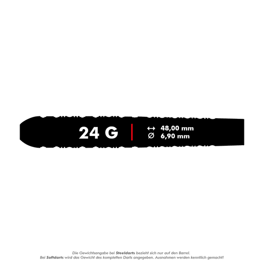 Das Bild zeigt die Produktdetails der Shot Pro-Series Haupai Puha 2 Steeldarts mit einem Gewicht von 24 Gramm. Die Darts haben eine Länge von 48,00 mm und einen Durchmesser von 6,90 mm.