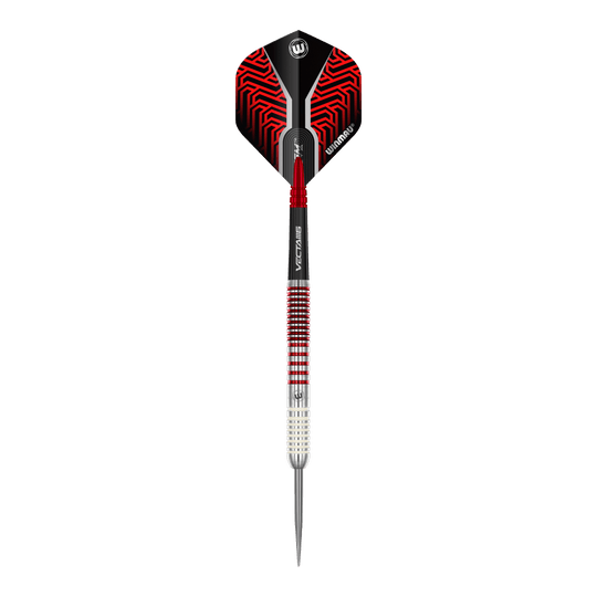 Auf dem Bild sind die Winmau Team 360 Jack Johnson Steeldarts mit 24g Gewicht zu sehen. Dieses Dart-Set ist beliebt bei erfahrenen Spielern.