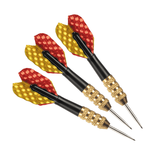 HA01224_Harrows_Mini_Steeldarts_1 Das Bild zeigt drei Harrows Mini Steeldarts mit goldfarbenen Griffen. Ihre Flights sind rot und gelb gemustert.