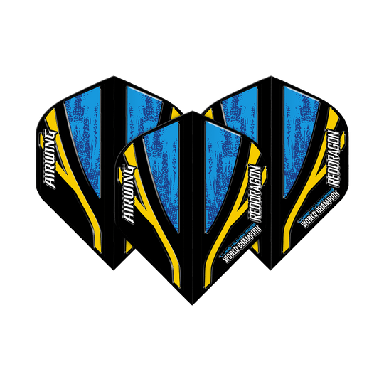 Das Bild zeigt drei Dartflights mit dem Namen "Red Dragon Airwing Luke Humphries World Champion Black Blue Standard Flights". Die Flights sind überwiegend blau und schwarz mit gelben Akzenten und weißer Schrift.