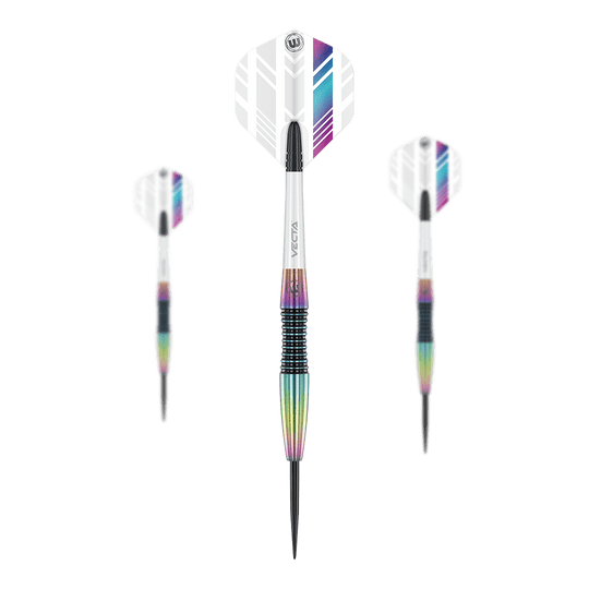 Winmau Elektra Steeldarts Das Bild zeigt drei Winmau Elektra Steeldarts mit weißen Flights und bunten, metallischen Schäften. Die Darts sind modern gestaltet und haben schwarze Spitzen.