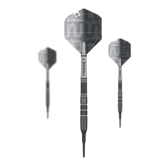 Das Bild zeigt drei Target Nathan Aspinall X Echo Softdarts mit einem Gewicht von 18g. Die Darts haben ein modernes, silbergraues Design und sind deutlich mit dem Markennamen "TARGET" beschriftet.