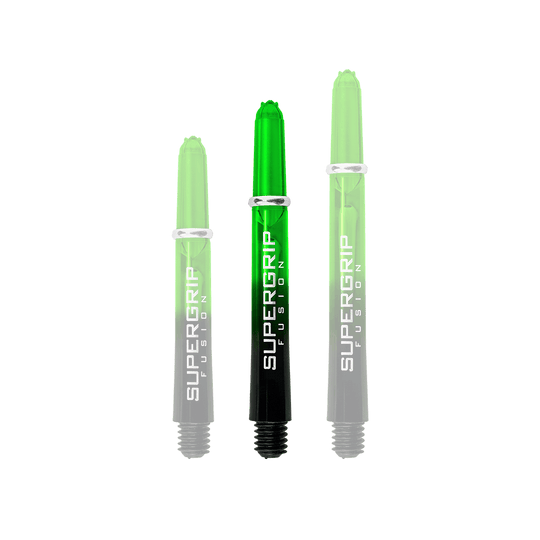 Das Bild zeigt drei grüne Harrows Supergrip Fusion Shafts in unterschiedlichen Längen. Die Schrift "SUPERGRIP FUSION" ist deutlich auf jedem Shaft zu sehen.