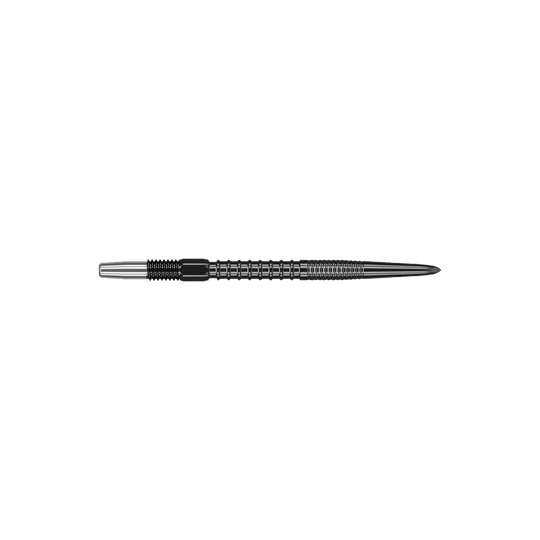 Target Swiss Firepoint Black dart tips Dies ist eine schwarze Dartspitze mit einem geriffelten Schaft. Sie ist lang und schlank geformt und misst 30 mm.