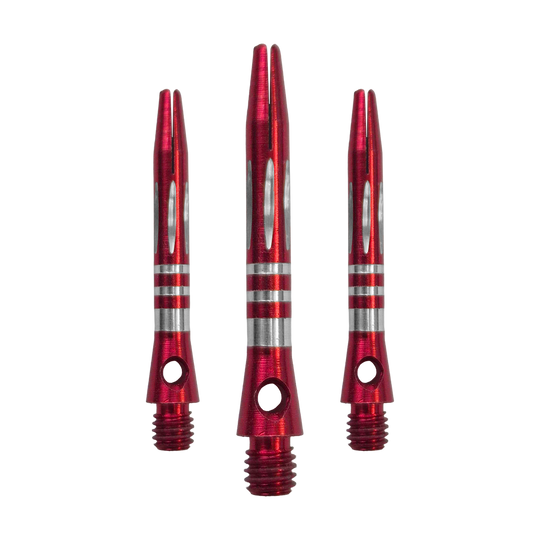 Ringed Diamond Cut Aluminum Shafts - Red - 35 mm Das Bild zeigt ein Set der Ringed Diamond Cut Aluminium Shafts - Rot - 35 mm. Mehrere rote Aluminium-Dartschäfte liegen nebeneinander.