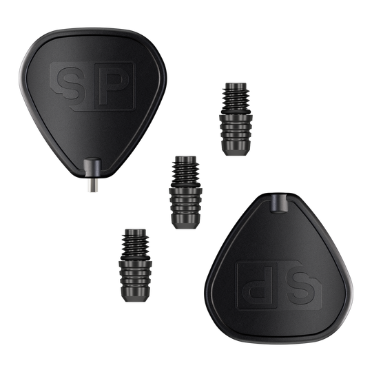 Das Bild zeigt den Target Swiss Point 2BA Converter in Schwarz. Es sind zwei schwarze Adapter und drei kleine Verbindungsteile abgebildet.