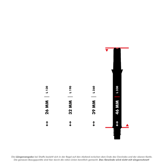 Das Bild zeigt vier unterschiedlich lange Dartschäfte mit Längenangaben in Millimetern (26 mm, 32 mm, 39 mm und 46 mm). Die Messpunkte für die Längen sind durch rote Linien markiert, und das Gewinde wird bei der Längenermittlung nicht mit einberechnet.