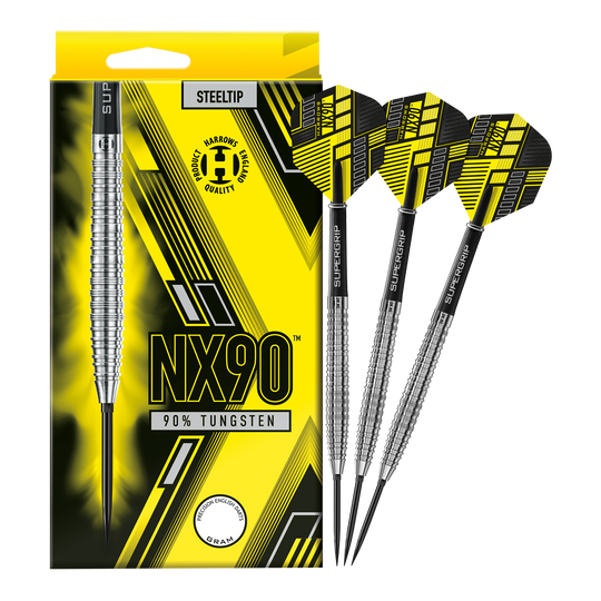 Harrows NX90 Tapered Quick Point Steel Darts Das Bild zeigt die Harrows NX90 Tapered Quick Point Steeldarts in voller Ansicht. Die Steeldarts sind für Präzision und Qualität bekannt.
