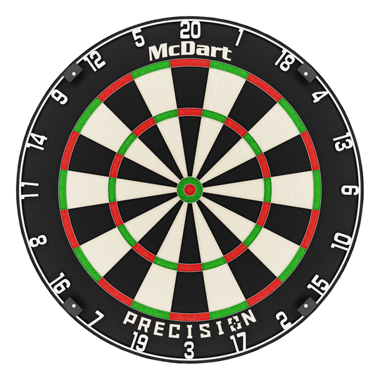 Das Bild zeigt eine McDart Precision Steeldartboard. Die Scheibe ist schwarz, weiß, rot und grün gefärbt und hat gut sichtbare Zahlen am Rand.